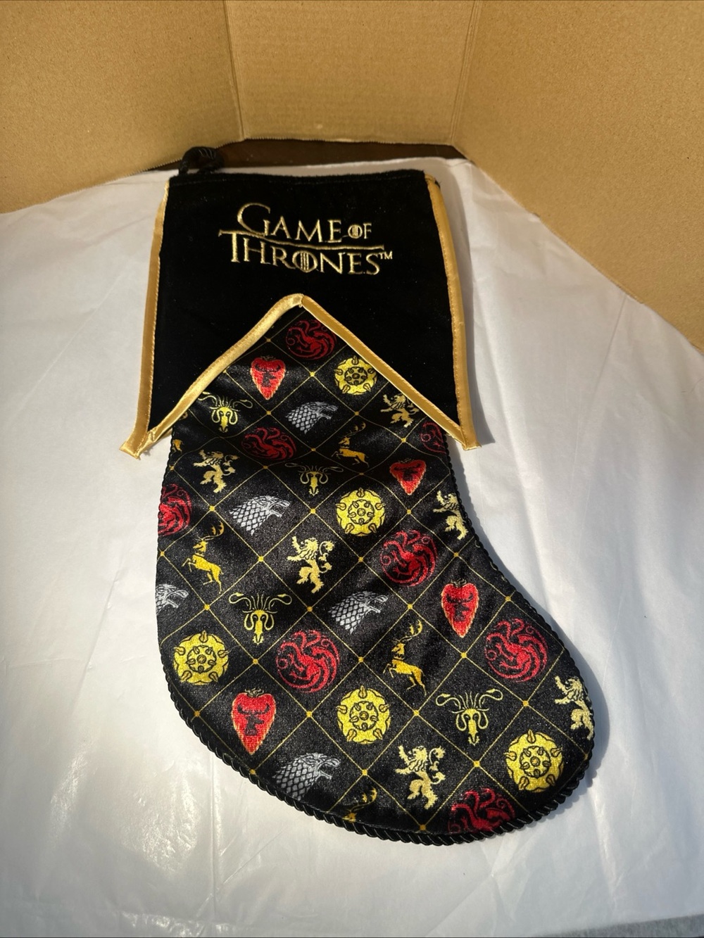 Game of Thrones Black & Gold Holiday Stocking with House Sigil Pattern 19”
